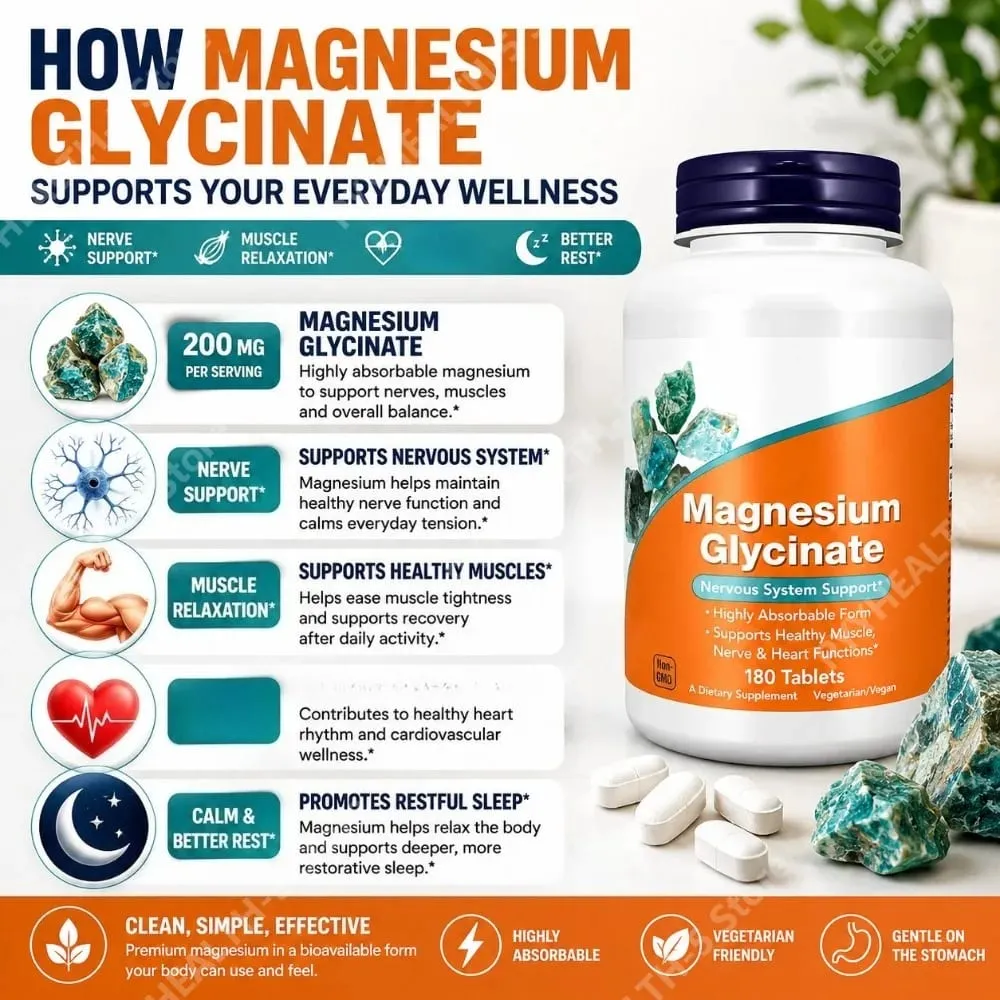 Magnesium Glycinate Supplement 180 Tablets Chelated Bisglycinate Dietary Tablets for Men & Women Gentle Daily Mineral Support
