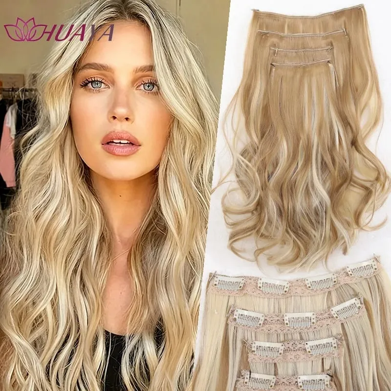 4‑Pcs Clip‑in Synthetic Hair Extensions Long Wavy Curly Heat‑Resistant Hair Pieces for Daily and Party Wear