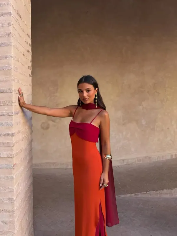 Sexy Color Blocking Scarf Collar Sling Dress Women Chic Waist Cinching Split Bodycon Maxi Dresses 2026 Lady Club Party Vestido