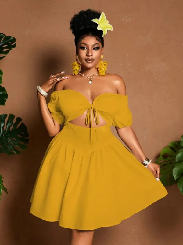 Plus Size Women One-Shoulder Waist-Tie Bubble Sleeve Dress Summer Vacation Style Casual Short Dress Plain Pattern