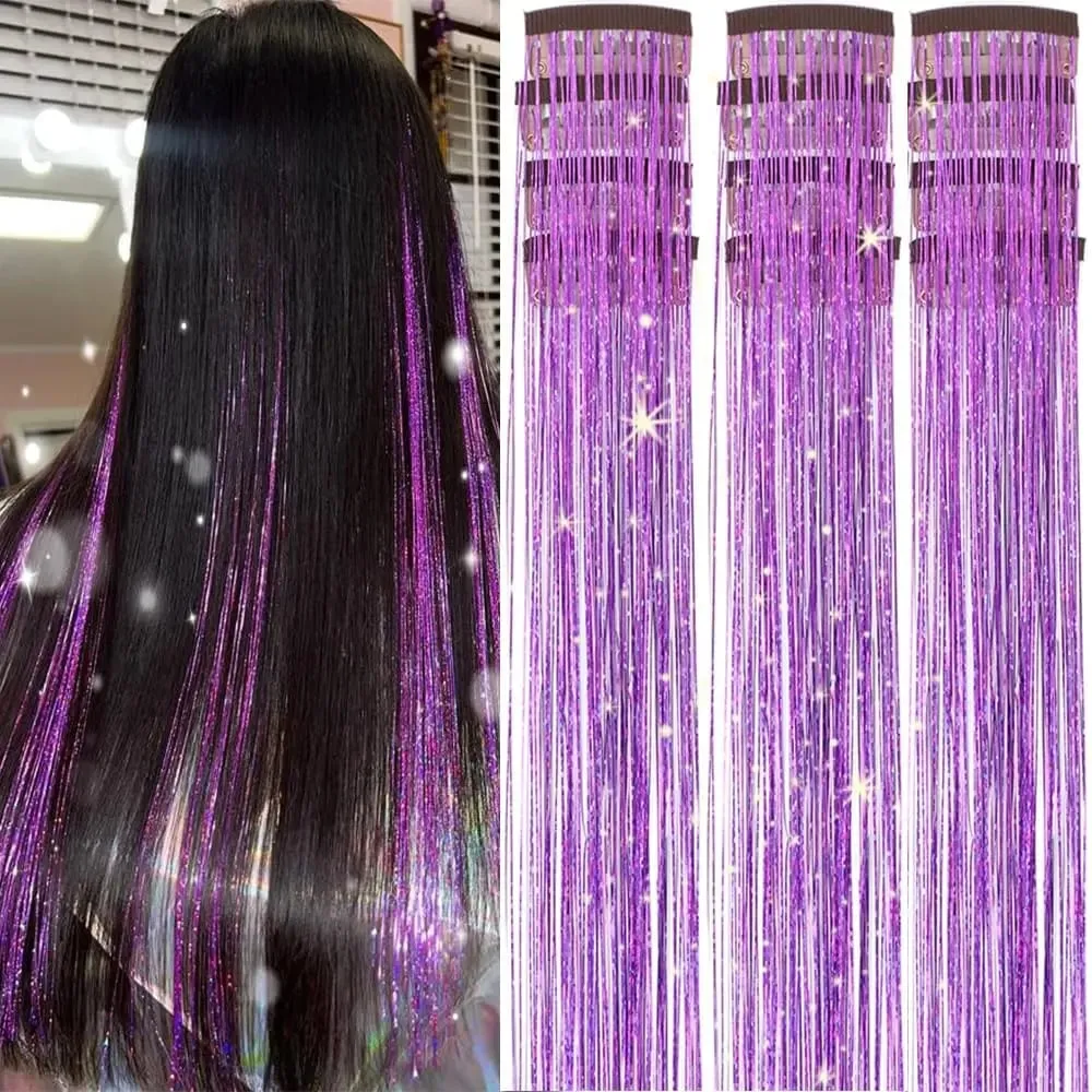 Hair Tinsel 12pcs Shiny Hair Metal Ribbon Clip Wig Piece Glitter Ribbon In Hair Party Focus Delicate Eye-Catching Gift Synthetic