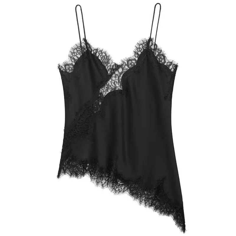 2025 Woman Asymmetrical Slip Top Women Sexy Black Yellow Blue Top Lace Tanks & Camis Chic Y2K Sleeveless Backless Camisole