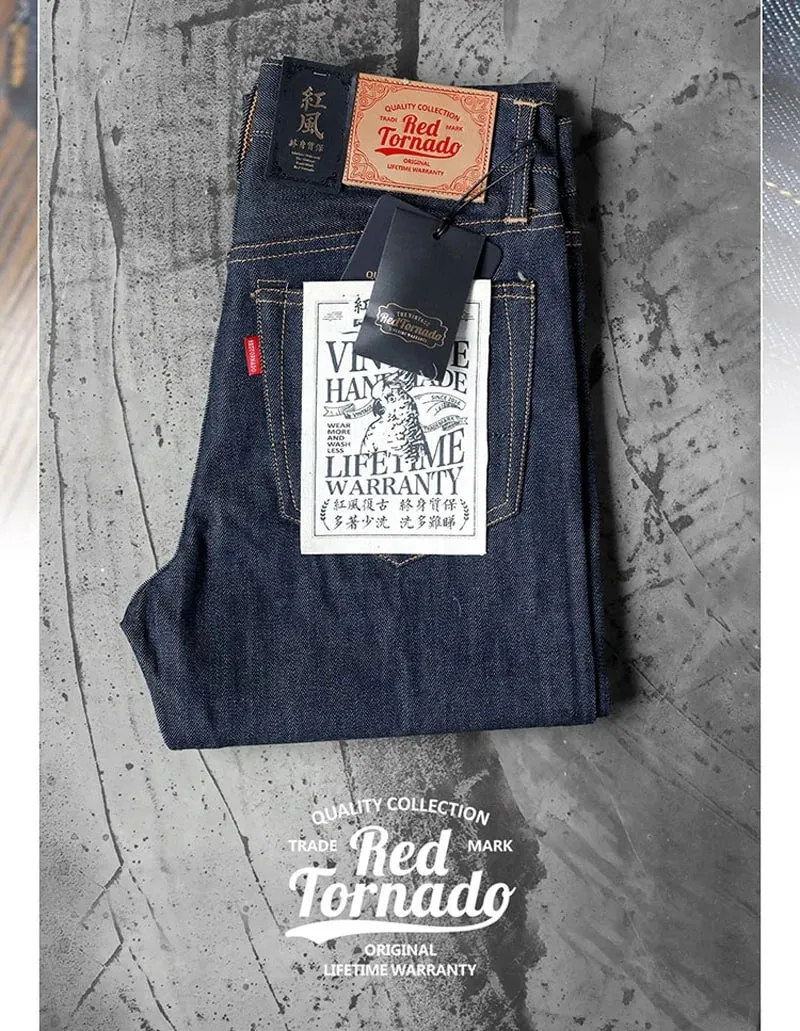 Red Tornado 511XX-0001 16oz Pink Line Selvedge Denim Jeans for Men Straight Fit Slim Silhouette