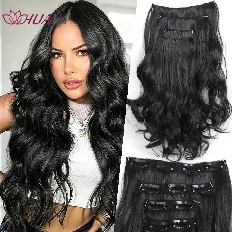4‑Pcs Clip‑in Synthetic Hair Extensions Long Wavy Curly Heat‑Resistant Hair Pieces for Daily and Party Wear