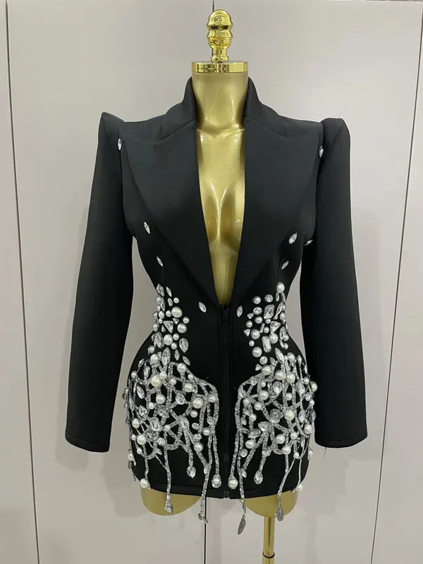 Sparkly Crystal Chains Pearls Long Sleeve Mini Dress 2025 Women Birthday Evening Party Nightclub Outfit Singer Wedding Costume