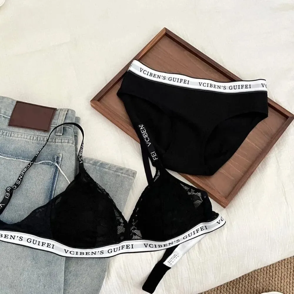 Comfortable Letter Design Lingerie Set Deep V Wireless Women Underwear Suit Color Blocking Lace Bra Panties Set Women