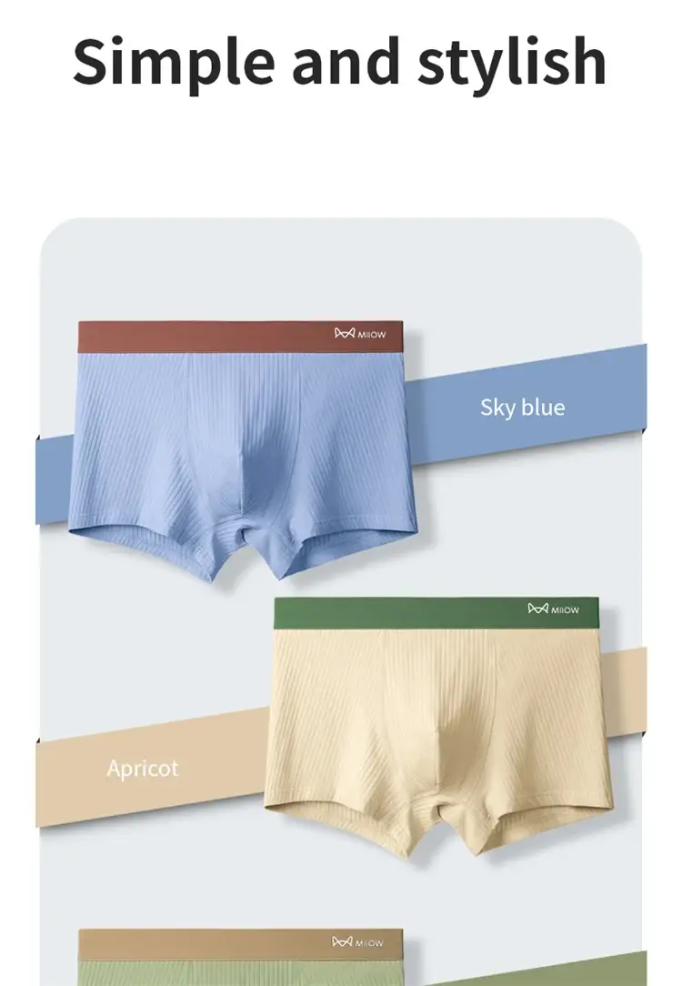 MiiOW 3Pcs Men's Striped Funny Boxer Shorts Underwear Antibacterial Crotch Underpants Man Breathable Cotton Lingerie Panties