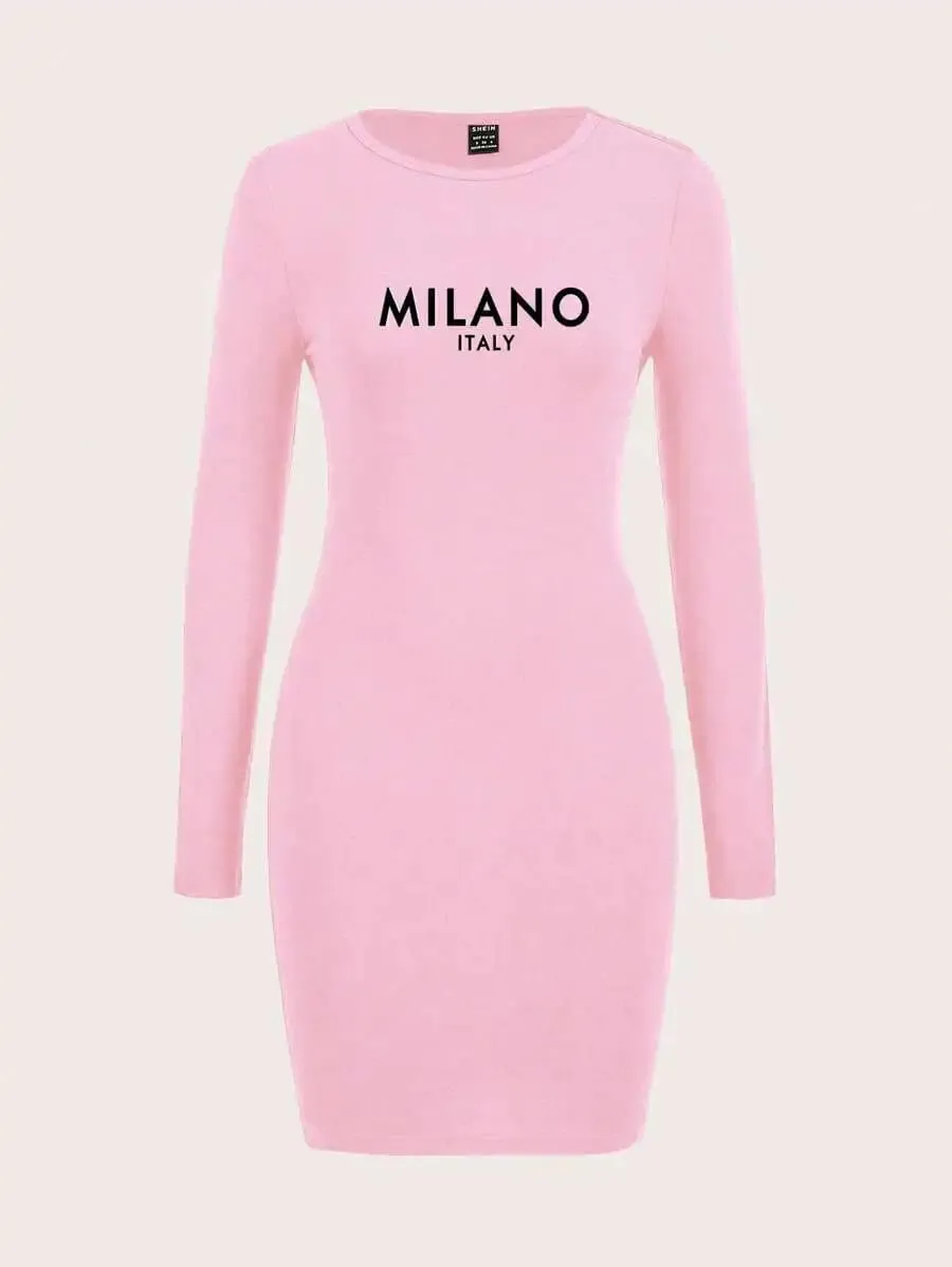 Womens Long Sleeve Bodycon Dress Casual Slogan Graphic Spring/Summer & Autumn/Winter Chic Style