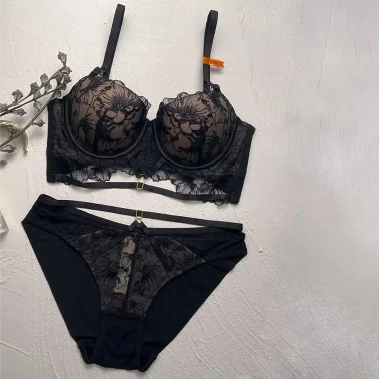 high quality sexy lace women bras and brief two piece set push up B C D cup wire summer lingerie underwear black white purple
