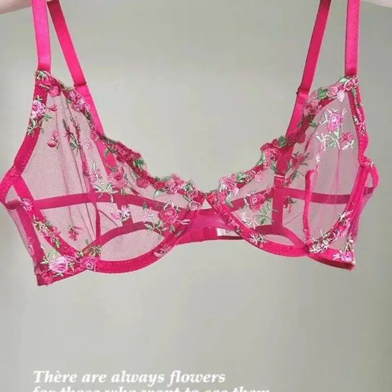 European Women Alluring Sheer Lace Embroidery Underwire Bra Big Bust Support Minimize Anti‑Sagging Soft Lingerie S‑XL Bra Set