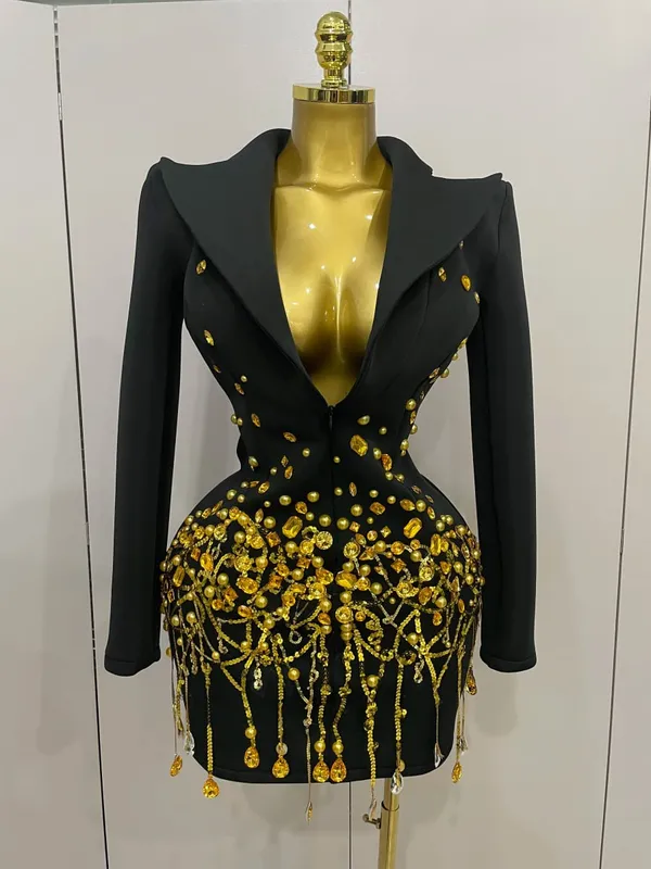 Sparkly Crystal Chains Pearls Long Sleeve Mini Dress 2025 Women Birthday Evening Party Nightclub Outfit Singer Wedding Costume