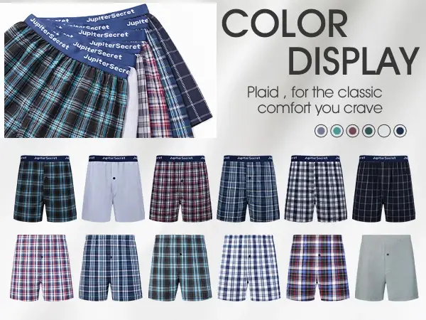 JupiterSecret 6pcs Men's Underwear Boxer Shorts Loose Plaid Woven Elastic Waistband Male Underpants Homewear Random Colors