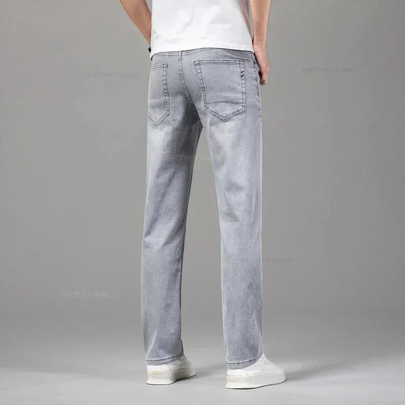 Summer Brand Men's Fit Straight Lightweight Cotton Stretch Jeans Business Casual High Waist Thin Light Grey Jeans mens pants