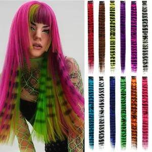 12pcs Colorful synthetic striped printed long straight clip in hair extensions suitable for everyday parties holidays wear.