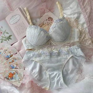 Wriufred Girls' underwear flowers water-soluble embroidery lingerie with panties sexy thin large size gathered underwire bra set