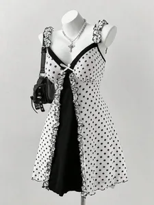 Plus Size Y2K Polka Dot Dress Ruffle Trim Bow Front Cami Mini Dress Sexy Sweet Coquette Style Party Dress for Women