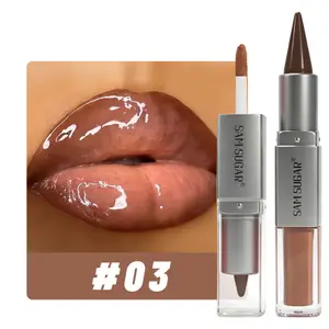 2 in 1 Lip Liner & Lip Gloss Dual Ended Hydrating Non Stick Lipstick Matte Velvet Outline Crayon with Shiny Plumping Lip Glaze