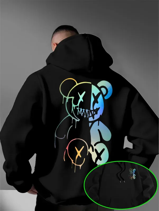 Loose Oversized Men Hoodies Holographic Split Evil Bear Front Back Dual Print Pullover Sweatshirt Dark Street Daily Hooded Tops