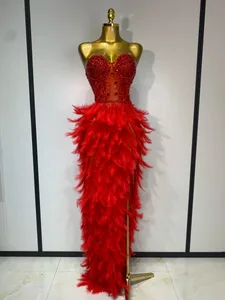 Sparkly Rhinestone Feather Mesh Long Dress Women Sexy Elegant Evening Party Luxury Birthday Photo Shoot Performance Costume