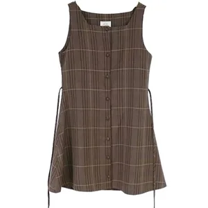 Cute Mini New Year Date Dresses Sleeveless Vest Women Korea Japanese Style Design Retro Vintage Plaid Button Shirt Dress 11021