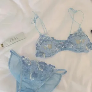 French Romantic Flower Embroidery Sexy Women's Bra Set Thin Straps Lace Seamless Underwear Set Mesh Hollow Out Lingerie