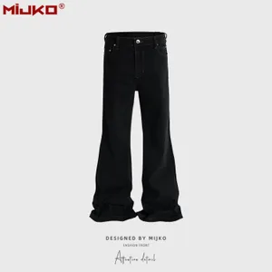 Ribbons Slightly Stretch Baggy Flared Jeans for Men High Street Black Color Boom Cut Oversized Casual Denim Trousers