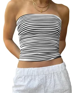 Women's Striped Tube Tops Tight Fitted Sleeveless Vest Strapless Off Shoulder Backless Crop Tops Club Cocktail