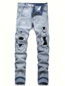 Men's Stretchy Denim Jeans Streetwear Tearing Patchwork Holes Ripped Denim Elastic Waist Casual Pants Slim Fit Straight Trousers