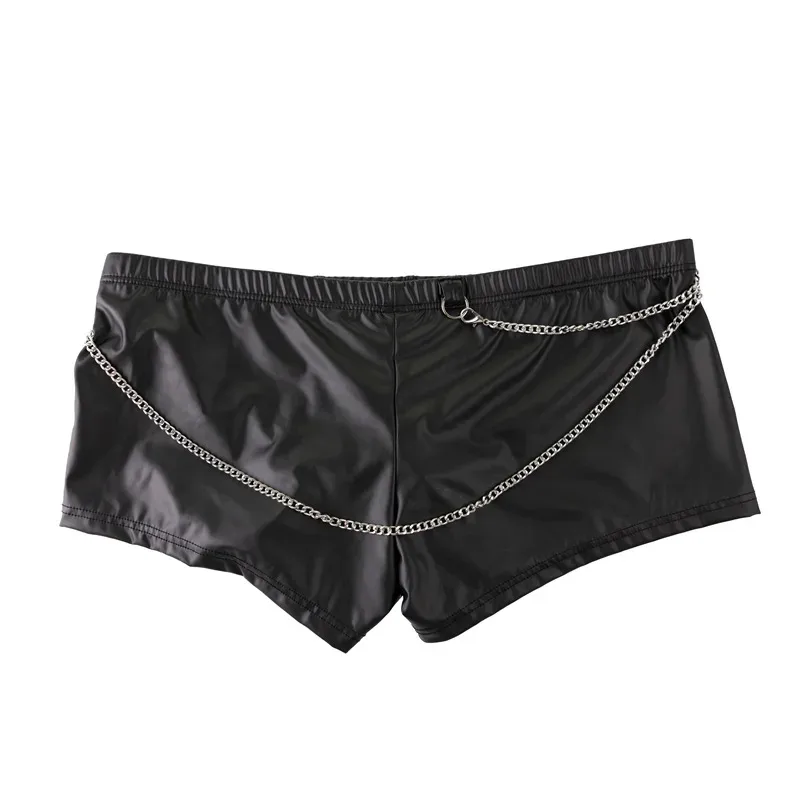 Mens Underwear Black Faux Leather Boxers Shorts Nightclub Ring Panties Man U Convex Pouch Underpants Cueca Calzoncillo M-XXL
