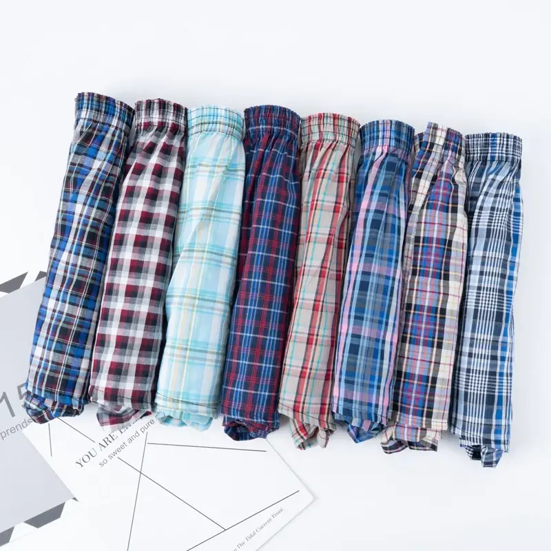 Mens Cotton Plaid Boxers Briefs Casual Striped Sleep Shorts Underwear Comfortable Homewear Beach Panties Underpants