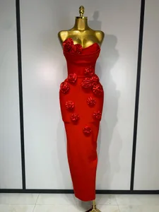 2025 Newest Women Sexy Strapless Backless Red Flower Midi Bandage Dress Celebirty Elegant Evening Club Party Birthday Dresses