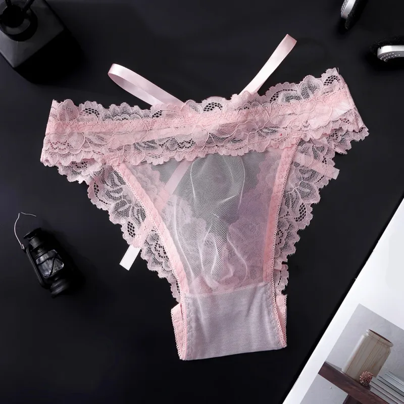 1pc Men's Bow Mesh Lace Hollow Out Briefs Ultra-thin Underwear 3D Bulge Pouch See Through Panties Low Waist Breathable Lingerie