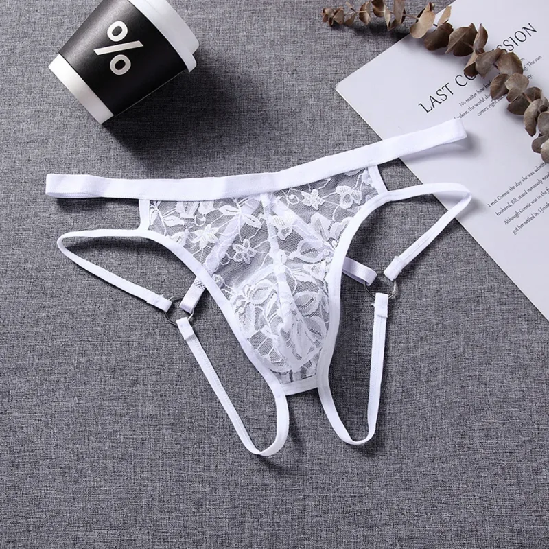 Sexy Underwear Men's G-Strings Exotic Lingerie Panties Sheer Lace Pouch Hollow Out Lace Flower Pattern Adjustable Waistband