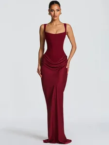Mozision Elegant Backless Sexy Maxi Dress Women Gown Fashion Square Collar Sleeveless Skinny Ruched Club Party Long Dresses