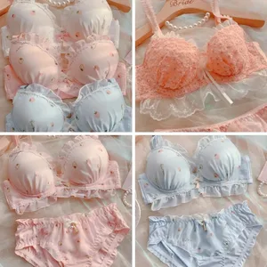 Sweet Fruit Print Lace Lingerie Set Thin Cup Bra & Panties No Steel Ring Cute Chiffon Underwear