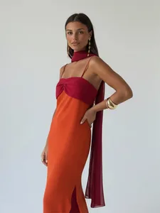 Fashion Women Color Blocking Scarf Collar Sling Dress Sexy Split Waist Cinching Bodycon Maxi Gowns 2026 Lady Club Party Vestidos