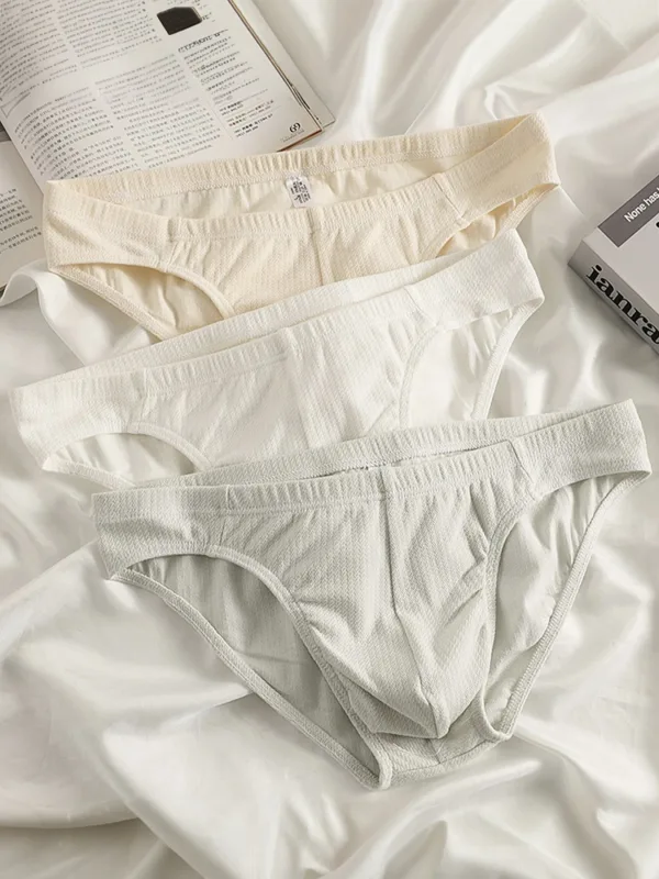3-Piece Men's Low-Waist Cotton Textured Briefs Set - Minimalist Solid-Color Underwear (Beige/White/Light Gray)