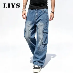 Men's American Retro Multi Pocket Cargo Jeans Suitable All Seasons Baggy Straight Leg Style Daily Street Casual Denim Pants