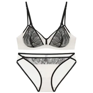 Women's Style Sexy Lingerie Set Thin Contrast Lace Patchwork Push-Up Wireless Bra with Double Shoulder Straps for Small Bust