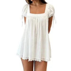 Lamuusaa y2k Coquette Dress Summer Women Square Neck Short Sleeve A-line Mini Ruffled Dresses for Daily Shopping Office Travel