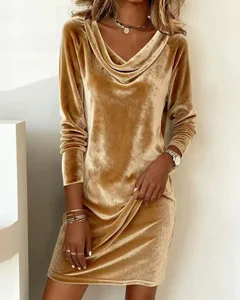 Women's Spring and Summer Velvet Dress with High Neck Flattering Fit Slimming and Elegant Medium-Length Silky Velvet Skirt