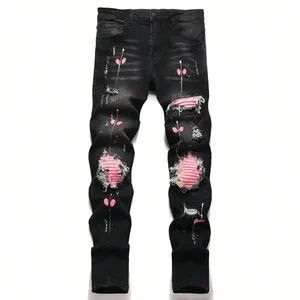 High Stretch Men's Ripped Denim Jeans for Man Skinny Hip-hop Pants Casual Slim Fit Trousers with Patchwork Embroidery Streetwear