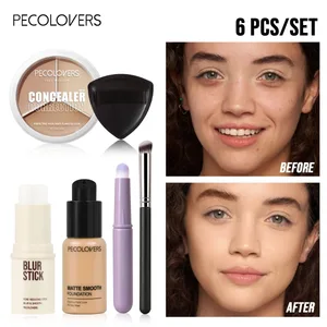 6PCS/SET All-in-One Face Base Kit Pore Minimizing Primer Stick 3‑Color Concealer Palette With Brush Oil‑Free Foundation