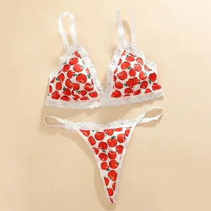 Women's Cute Apple Print Lingerie Set Wireless Triange Bra&Thong 2 PCS Bralette Sets Sweet Fruit Pattern Intimate Lace Underwear