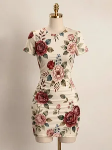 Womens Short Sleeve Bodycon Mini Dress Slim Fit Crew Neck Floral Print Casual Summer Party Lightweight Flattering Party Sundress