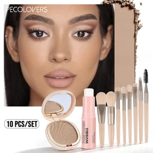10pcs All‑In‑One Base Makeup Kit Pore Minimizing Primer Stick Matte Setting Powder And 8Pcs Professional Makeup Brushes Set