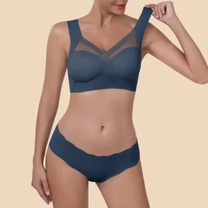 Women Seamless Underwear Set Wireless Ice Silk Thin Back Beauty T Shirt Bra And Smooth Panty Set Solid Color Lingerie Suits