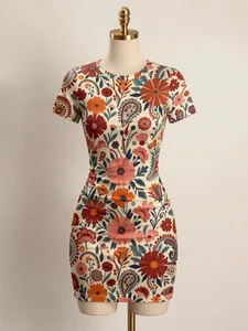 Womens Short Sleeve Bodycon Mini Dress Slim Fit Crew Neck Floral Print Casual Summer Party Cute Stretch Trendy Vacation Sundress