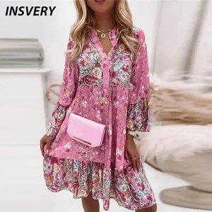 Spring Mini Dresses For Women Summer New Casual Loose Long Sleeve V-Neck Beach Sundress Ladies Short Party Dress