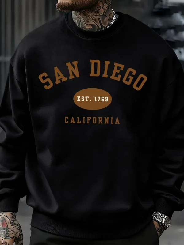San Diego California Letter Printed Men Pullover Sweatshirts Soft Fleece Sweatshirt Crewneck Casual Clothes Oversized Streetwear